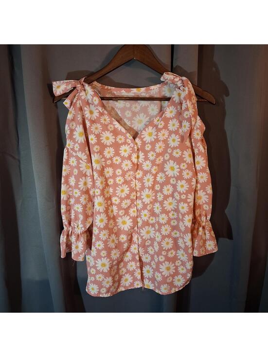 Tops - Pink Daisy Print Cold Shoulder Blouse with Tie Straps
